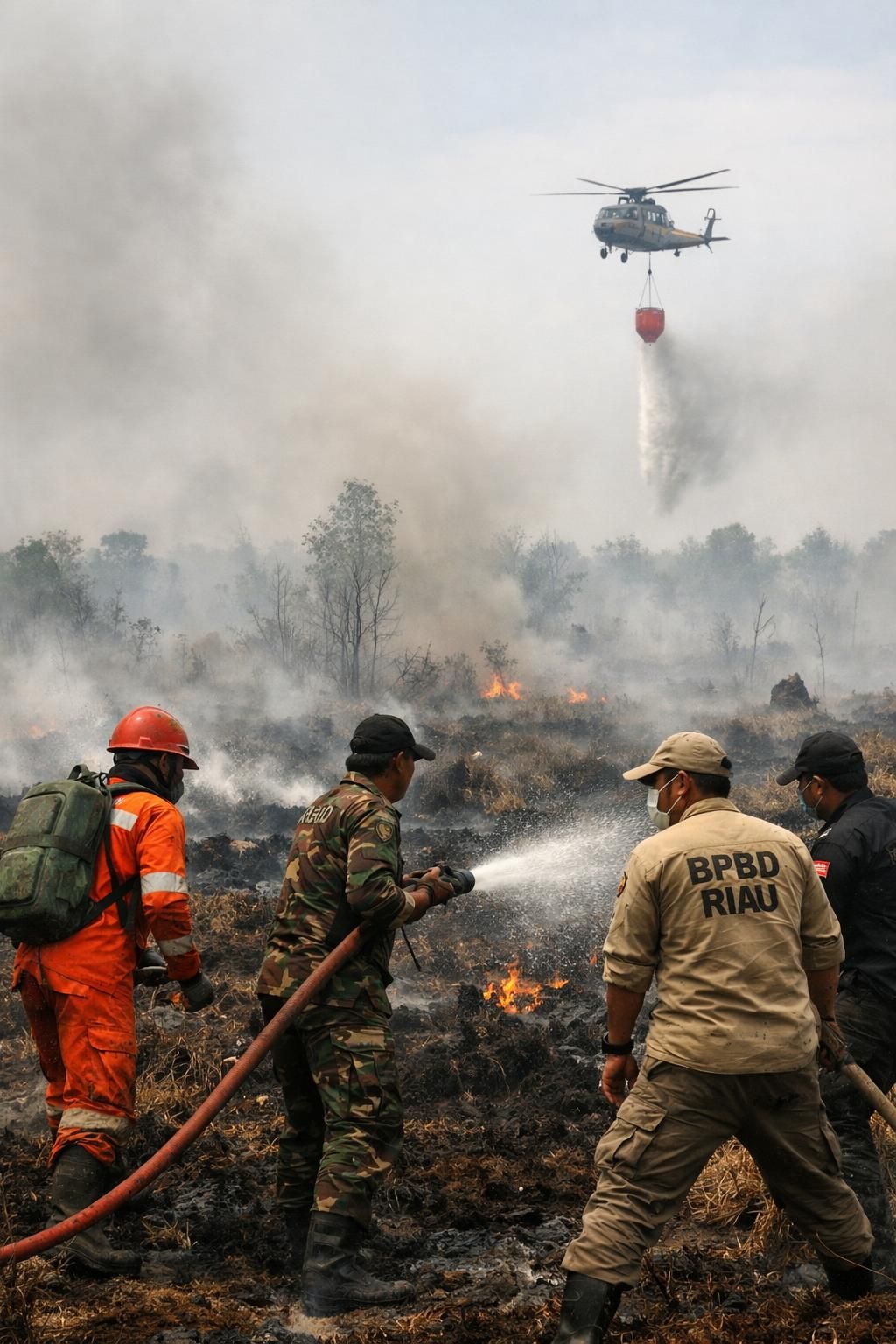 kebakaran hutan di riau menyebabkan mobilisasi cepat tim penanggulangan darurat untuk memadamkan api dan melindungi masyarakat sekitar.
