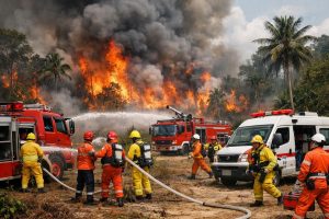 kebakaran hutan di riau menyebabkan mobilisasi cepat tim penanggulangan darurat untuk mengatasi bencana dan melindungi masyarakat.