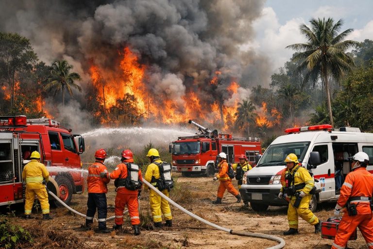 kebakaran hutan di riau menyebabkan mobilisasi cepat tim penanggulangan darurat untuk mengatasi bencana dan melindungi masyarakat.