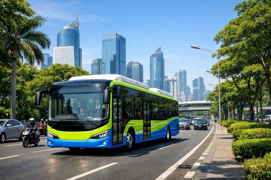jakarta meluncurkan program uji coba bus listrik untuk mengurangi polusi udara dan meningkatkan kualitas lingkungan kota.
